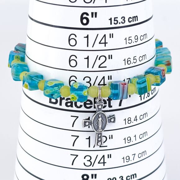 Vintage Sterling Silver 925 Millefiori Glass Bead Cross Charm Bracelet 7.25" - Picture 7 of 8